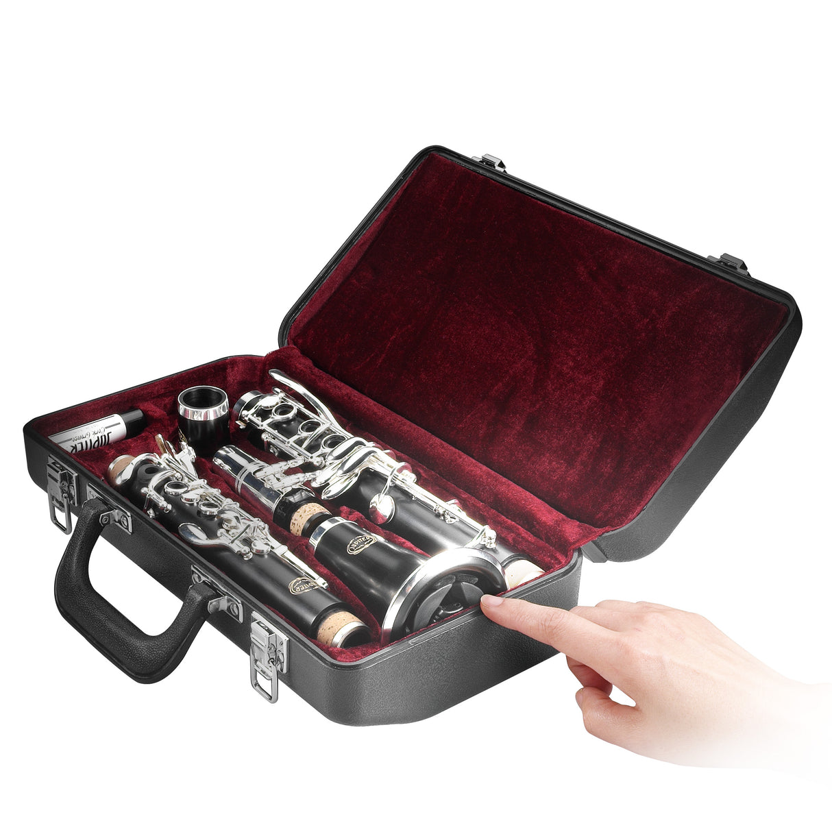 A clarinet in a black case with a finger pointing to a folded up stand being stored in the bell of the instrument