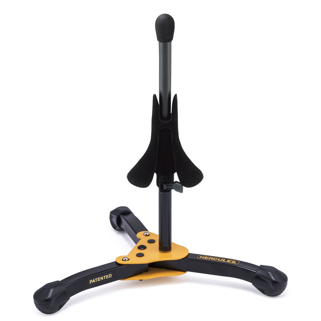 A black and yellow trumpet stand with Hercules branding on a white background