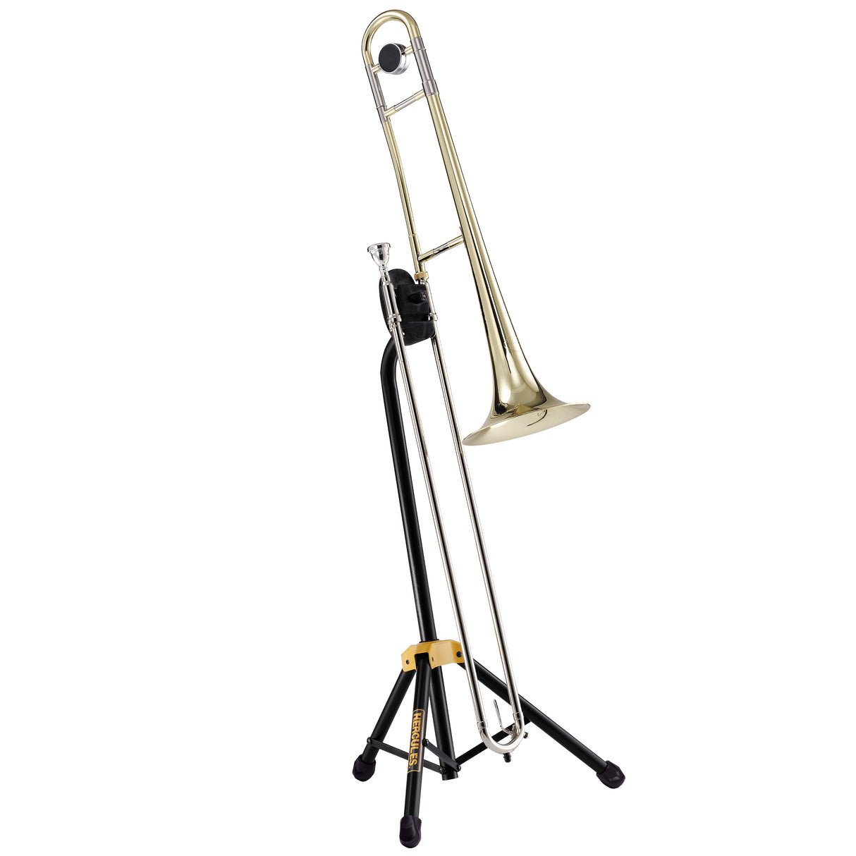 A gold trombone resting on a black trombone stand with Hercules branding on a white background