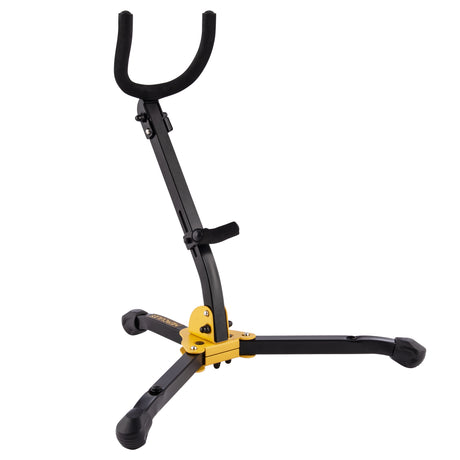A black and yellow saxophone stand with Hercules branding on a white background