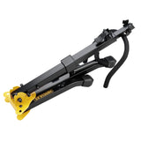 A black and yellow baritone saxophone stand with Hercules branding folded up into a compact size and shape