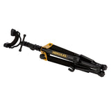 Black and yellow violin stand with Hercules branding folded up into a compact size and shape on a white background