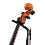 A close view of a cello headstock resting on a black cello stand