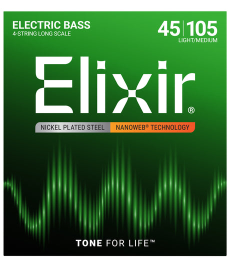 The image shows a package of Elixir electric bass guitar strings for 4-string long scale basses, featuring 45-105 nickel-plated steel strings with NANOWEB coating. The design has a green-to-black gradient background with a sound wave pattern, the Elixir logo, and "TONE FOR LIFE" tagline. The NANOWEB coating extends string life while preserving tone, making it a premium, durable set.