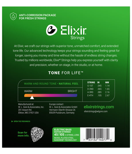 The image shows the packaging of Elixir electric bass guitar strings, a 4-string medium gauge set (45-105) with nickel-plated steel and NANOWEB coating. Features include anti-corrosion packaging, "Tone for Life" branding, warm tone, and extended string life. The package highlights comfort, tone spectrum, manufacturer info, and a QR code. Elixir is known for premium coated strings that maintain tone and durability.