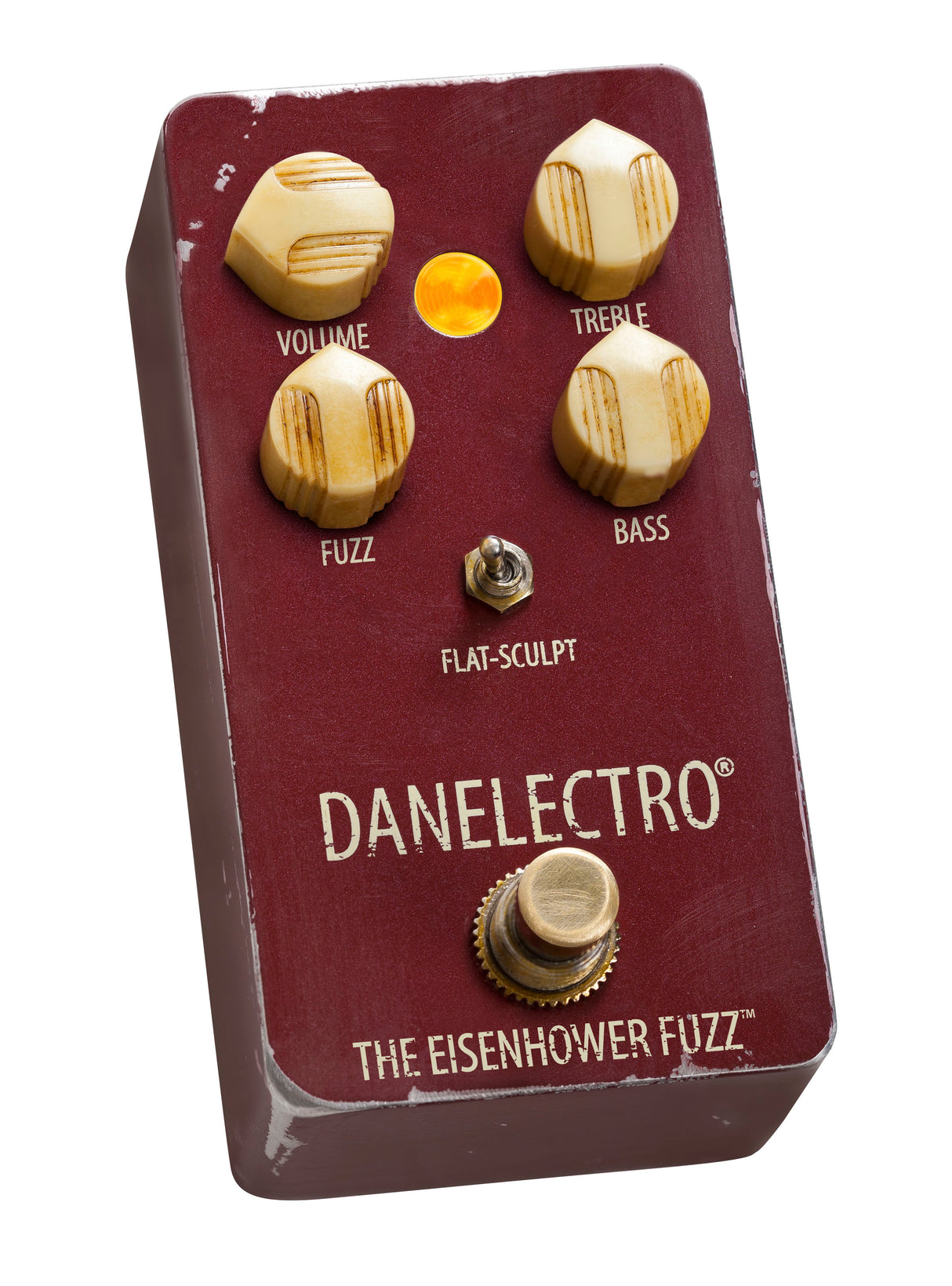 The image shows "The Eisenhower Fuzz," a Danelectro guitar effects pedal with a burgundy enclosure. It has four cream-topped knobs labeled Volume, Treble, Fuzz, and Bass, an orange LED, a "Flat-Sculpt" toggle switch, and a brass footswitch. Designed to add fuzzy, distorted tones, this vintage-style pedal is popular for rock, blues, and psychedelic sounds. The Danelectro logo is displayed on the front.