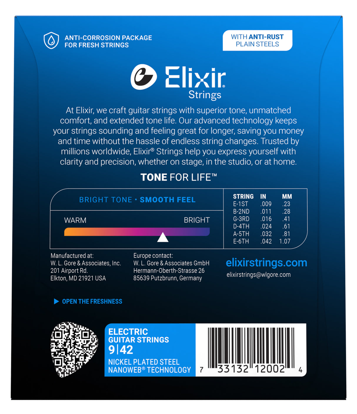 The image shows packaging for Elixir Electric Guitar Strings, model 9142, featuring Nickel Plated Steel with Nanoweb technology. It highlights anti-corrosion, anti-rust plain steel strings with gauges from .009 to .042. The blue package displays the Elixir logo, "TONE FOR LIFE™" tagline, a tone spectrum from warm to bright, QR code, barcode, and "OPEN THE FRESHNESS" instruction, emphasizing bright tone, smooth feel, and extended string life.