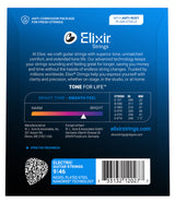 The image shows the packaging for Elixir electric guitar strings, model 9146, featuring nickel-plated steel strings with NANOWEB® coating. It highlights a light gauge set (.009–.046), anti-corrosion packaging, anti-rust plain steel strings, and "Tone for Life" technology for extended string life. The bright tone and smooth feel are emphasized, along with Elixir branding, manufacturer info, and a QR code for more details.