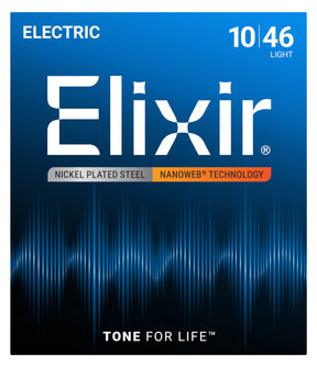 The image shows the packaging for Elixir electric guitar strings, light gauge (10-46). It features the Elixir brand, Nickel Plated Steel construction, and NANOWEB® coating for extended string life. The blue gradient design with sound wave graphics highlights the advanced technology. The package also displays the "Tone for Life" slogan, emphasizing durability and quality tone for electric guitars.