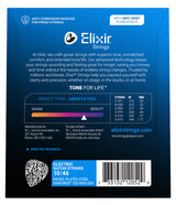 The image shows packaging for Elixir electric guitar strings (10-46 gauge). Features include nickel-plated steel with NANOWEB® coating, anti-rust plain steel strings, anti-corrosion packaging, and "Tone for Life" technology for bright tone and extended life. The gauge chart lists string sizes from .010" to .046". Manufactured by W.L. Gore & Associates, the package includes a QR code, barcode, and directs to elixirstrings.com.