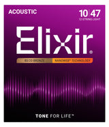 The image shows packaging for Elixir 12-string acoustic guitar strings, gauges 10-47 (light tension), made with 80/20 bronze wound strings. It features Elixir’s NANOWEB coating for extended life and tone. The purple/magenta gradient design includes sound wave graphics and the slogan "TONE FOR LIFE" at the bottom. These coated strings resist corrosion, offer bright, crisp tone, and are designed for 12-string acoustic guitars.