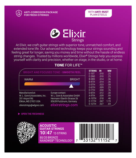 The image shows the back of an Elixir 12-string acoustic guitar strings package (10-47 gauge) featuring 80/20 Bronze with NANOWEB® coating. Highlights include "TONE FOR LIFE™," bright tone, smooth feel, a tone spectrum, string gauge table, and anti-corrosion packaging. Manufactured by W. L. Gore & Associates in the USA, with European contacts and a QR code. It emphasizes long-lasting tone, comfort, and value.