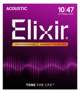 The image shows a package of Elixir acoustic guitar strings, specifically 12-string light gauge (10-47) phosphor bronze with NANOWEB coating. The purple gradient packaging features sound wave graphics, the Elixir brand name in white, "ACOUSTIC" at the top, and their "TONE FOR LIFE" slogan at the bottom. These coated strings offer extended life and a warm, rich tone.