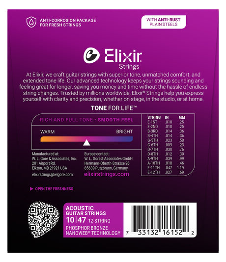The image shows packaging for Elixir 12-string acoustic guitar strings, gauge 10-47, made with Phosphor Bronze and NANOWEB® coating. Features include anti-corrosion packaging, anti-rust steel strings, and TONE FOR LIFE™ technology for rich tone and smooth feel. The pack displays a string gauge chart and highlights superior tone, comfort, and durability. Made by W.L. Gore & Associates in the USA and Germany. Website: elixirstrings.com.