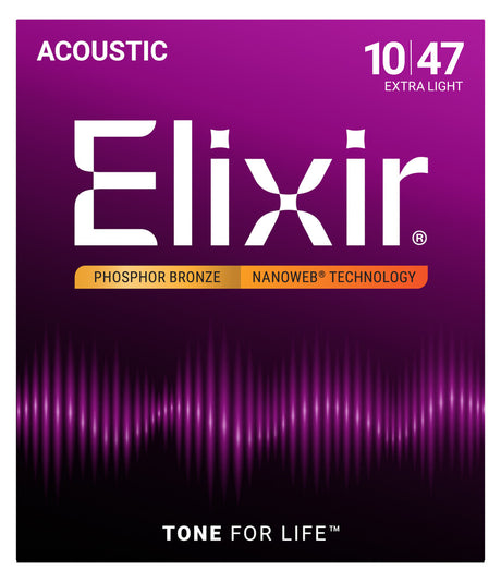 The image shows a package of Elixir acoustic guitar strings in a 10-47 extra light gauge. The design features a purple/magenta gradient background, a white Elixir logo, and an orange banner highlighting phosphor bronze material and NANOWEB® coating technology. A sound wave graphic and the "TONE FOR LIFE™" tagline appear at the bottom. These coated strings offer long-lasting tone and protection against corrosion.