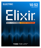 The image shows packaging for Elixir electric guitar strings featuring a blue gradient background, a large white "Elixir" logo, and a sound wave graphic. It highlights NANOWEB® Technology for extended string life and tone retention. The set is nickel-plated steel with a 10-52 gauge (Light/Heavy) and includes the "TONE FOR LIFE™" tagline at the bottom.
