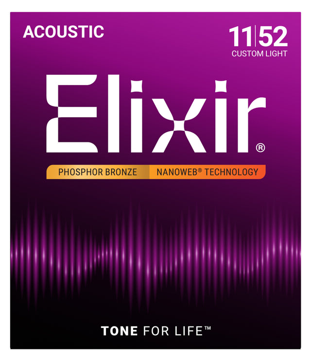 The image shows packaging for Elixir acoustic guitar strings, model 11/52 Custom Light gauge made from Phosphor Bronze. It features Elixir’s NANOWEB® coating technology for extended string life and consistent tone. The design includes a purple/magenta gradient with sound wave graphics and the slogan "TONE FOR LIFE™," reflecting a premium product favored by acoustic guitarists.