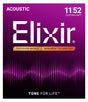 The image shows packaging for Elixir acoustic guitar strings, model 11/52 Custom Light gauge made from Phosphor Bronze. It features Elixir’s NANOWEB® coating technology for extended string life and consistent tone. The design includes a purple/magenta gradient with sound wave graphics and the slogan "TONE FOR LIFE™," reflecting a premium product favored by acoustic guitarists.