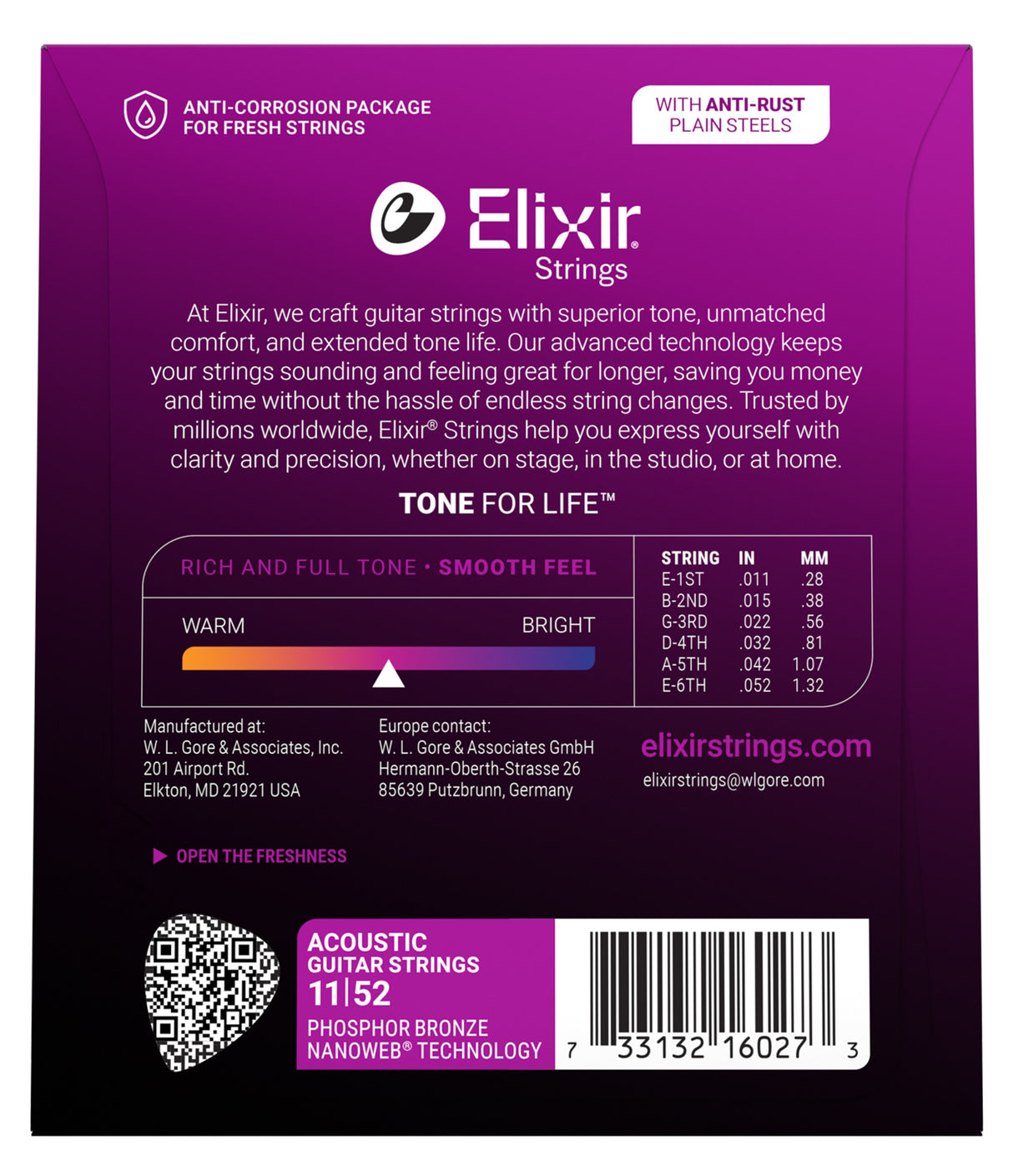 The image shows the packaging of Elixir acoustic guitar strings, phosphor bronze light gauge (11-52). Features include anti-corrosion packaging, NANOWEB® coating, anti-rust plain steel strings, and "Tone for Life™" technology for extended tone life. String gauges range from .011" to .052". The packaging highlights rich tone, durability, and suitability for stage, studio, and home use.