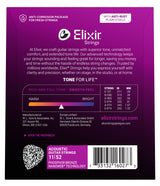 The image shows the packaging of Elixir acoustic guitar strings, phosphor bronze light gauge (11-52). Features include anti-corrosion packaging, NANOWEB® coating, anti-rust plain steel strings, and "Tone for Life™" technology for extended tone life. String gauges range from .011" to .052". The packaging highlights rich tone, durability, and suitability for stage, studio, and home use.