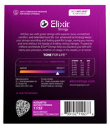 The image shows packaging for Elixir acoustic guitar strings, 11/52 light gauge, 80/20 Bronze with NANOWEB® coating. It features anti-corrosion packaging and a full gauge chart (.011–.052 inches). Highlights include TONE FOR LIFE™ technology, bright tone, smooth feel, and extended life. The tone spectrum indicates a bright sound. Manufactured by W.L. Gore & Associates, these premium coated strings ensure durability and consistent tone.