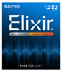 The image shows packaging for Elixir electric guitar strings with a blue gradient background and wave-like design. It features the Elixir brand name, the "TONE FOR LIFE™" tagline, and indicates a 12-52 heavy gauge nickel-plated steel set with NANOWEB® coating for extended tone and durability.
