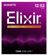 The image shows packaging for Elixir® acoustic guitar strings, featuring a purple gradient with sound wave patterns. The set is Phosphor Bronze, 12-53 light gauge, with NANOWEB® coating technology. White text displays the brand and details, while an orange banner highlights the material and coating. The bottom includes the tagline "TONE FOR LIFE™." These coated strings are designed for extended life and rich tone.