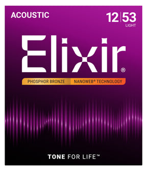The image shows packaging for Elixir® acoustic guitar strings, featuring a purple gradient with sound wave patterns. The set is Phosphor Bronze, 12-53 light gauge, with NANOWEB® coating technology. White text displays the brand and details, while an orange banner highlights the material and coating. The bottom includes the tagline "TONE FOR LIFE™." These coated strings are designed for extended life and rich tone.