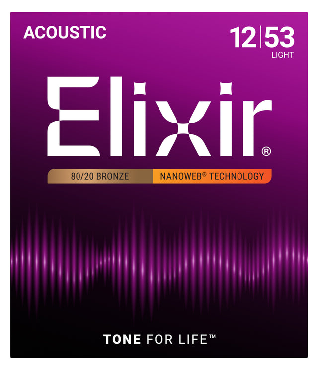 The image shows a package of Elixir acoustic guitar strings, 12-53 light gauge made of 80/20 bronze. It features Elixir’s NANOWEB coating technology for long-lasting tone and corrosion resistance. The packaging has a purple gradient with sound wave graphics and displays the slogan "Tone for Life."