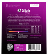 The image shows packaging for Elixir acoustic guitar strings, Phosphor Bronze Nanoweb, light gauge 12-56. The purple box features the Elixir logo, string gauges (E1: .012, B2: .016, G3: .024, D4: .035, A5: .045, E6: .056), and highlights like "Tone for Life," rich tone, smooth feel, and corrosion resistance. It includes a tone spectrum, QR code, and UPC barcode, emphasizing durability and extended tone life.