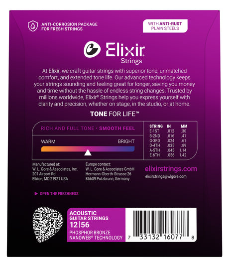 The image shows packaging for Elixir acoustic guitar strings, Phosphor Bronze Nanoweb, light gauge 12-56. The purple box features the Elixir logo, string gauges (E1: .012, B2: .016, G3: .024, D4: .035, A5: .045, E6: .056), and highlights like "Tone for Life," rich tone, smooth feel, and corrosion resistance. It includes a tone spectrum, QR code, and UPC barcode, emphasizing durability and extended tone life.