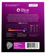 The image shows the packaging for Elixir Strings acoustic guitar strings, model 12/56 with 80/20 Bronze and NANOWEB® coating. It highlights features such as anti-corrosion packaging, anti-rust plain steels, and "Tone for Life™" technology for bright tone and extended life. The package includes a light gauge set with string measurements, a tone spectrum, QR code, manufacturer info, and barcode.