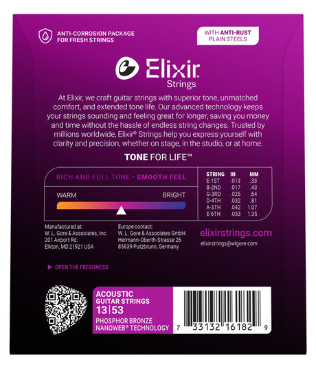 The image shows packaging for Elixir acoustic guitar strings, medium gauge (13-53), made with Phosphor Bronze and NANOWEB® coating. Features include anti-rust plain steel strings, anti-corrosion packaging, "Tone for Life" technology, and extended tone life. String gauges and a tone spectrum indicator are visible. The packaging also includes a QR code, barcode, website (elixirstrings.com), and is made by W.L. Gore & Associates.