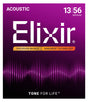 The image shows packaging for Elixir Acoustic Guitar Strings, 13-56 medium gauge, made of phosphor bronze with NANOWEB® coating. The design features Elixir’s purple/magenta gradient and sound wave graphics. Known for their durable coated strings, Elixir’s NANOWEB technology extends string life while preserving tone. This medium set offers balanced playability and warm, rich acoustic sound.