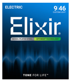 The image shows packaging for Elixir electric guitar strings, specifically the 9-46 Custom Light set. It features a blue gradient design with sound wave graphics and highlights Nickel Plated Steel strings with Elixir’s OPTIWEB Technology. The packaging includes the slogan "TONE FOR LIFE™." These strings are known for their durability and balanced playability favored by many electric guitarists.