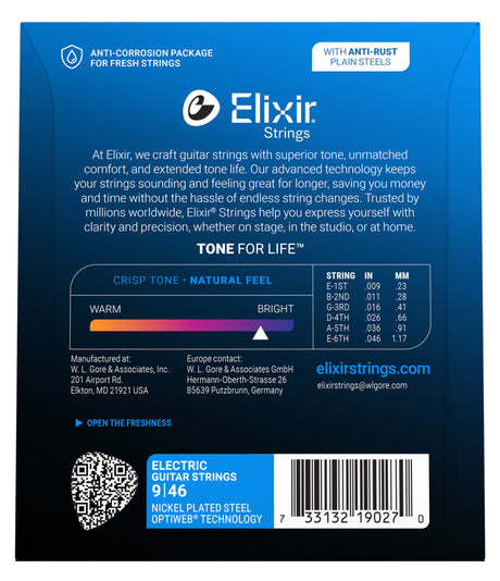 The image shows packaging for Elixir electric guitar strings, model 9146, featuring Nickel Plated Steel and OPTIWEB Technology. It highlights anti-corrosion packaging, anti-rust plain steel strings, and a bright, crisp tone with natural feel. The set includes gauges .009–.046. Elixir’s "Tone for Life" ensures lasting tone, comfort, and durability, trusted by millions for stage, studio, and home use.
