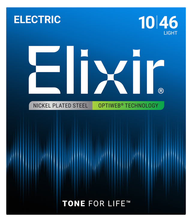 The image shows a package of Elixir electric guitar strings, 10-46 light gauge, made of nickel-plated steel with OPTIWEB® coating. The blue gradient packaging features the Elixir brand and the slogan "TONE FOR LIFE™." These strings are favored for their extended lifespan and natural feel due to the protective coating, offering a balanced tone and playability ideal for electric guitarists.