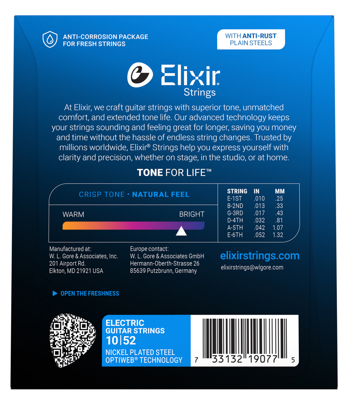 The image shows the back of an Elixir electric guitar strings package featuring 10-52 gauge nickel-plated steel strings with OPTIWEB® coating. Key highlights include "TONE FOR LIFE™," tone spectrum from warm to bright, anti-corrosion packaging, and a full gauge chart for each string. Additional details include manufacturer info, a QR code, barcode, and the phrase "OPEN THE FRESHNESS."
