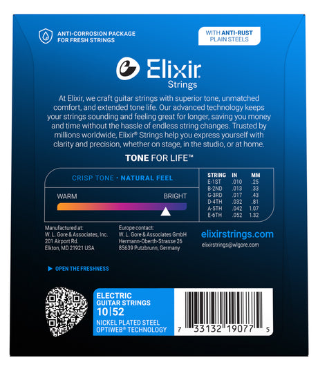 The image shows the back of an Elixir electric guitar strings package featuring 10-52 gauge nickel-plated steel strings with OPTIWEB® coating. Key highlights include "TONE FOR LIFE™," tone spectrum from warm to bright, anti-corrosion packaging, and a full gauge chart for each string. Additional details include manufacturer info, a QR code, barcode, and the phrase "OPEN THE FRESHNESS."
