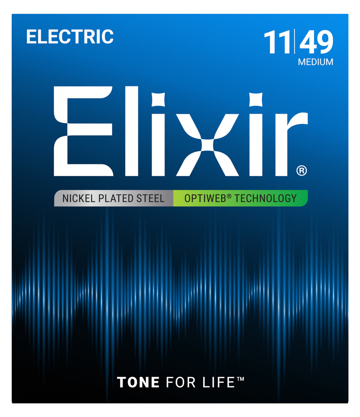 The image shows a package of Elixir electric guitar strings, medium gauge 11-49, made of nickel-plated steel with OPTIWEB® coating technology. The design features a blue gradient background, sound wave visuals, and the Elixir logo with the tagline "TONE FOR LIFE™." These coated strings offer extended life and natural feel, balancing durability and tone quality for electric guitars.