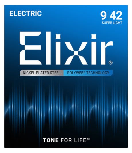 The image shows a package of Elixir electric guitar strings, Super Light gauge 9-42. It features Nickel Plated Steel with POLYWEB® coating for durability and enhanced tone, highlighted by the slogan "TONE FOR LIFE™." The blue gradient packaging includes a sound wave design, reflecting a modern, premium look popular among lead guitarists for its playability and long-lasting performance.