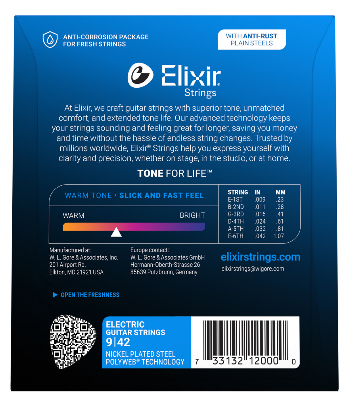 The image shows the packaging for Elixir electric guitar strings, model 9142 Nickel Plated Steel with Polyweb technology. It highlights anti-corrosion packaging, anti-rust plain steel strings, and a gauge chart (.009–.042 inches). Features include a warm tone, slick feel, extended life, and "Tone for Life" durability. The design emphasizes long-lasting, consistent performance favored by guitarists worldwide.