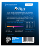 The image shows the packaging for Elixir electric guitar strings, model 9142 Nickel Plated Steel with Polyweb technology. It highlights anti-corrosion packaging, anti-rust plain steel strings, and a gauge chart (.009–.042 inches). Features include a warm tone, slick feel, extended life, and "Tone for Life" durability. The design emphasizes long-lasting, consistent performance favored by guitarists worldwide.