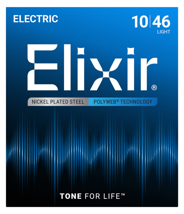 The image shows a package of Elixir electric guitar strings, Light gauge 10-46 nickel-plated steel with POLYWEB coating. The strings feature Elixir’s proprietary coating for extended life by resisting dirt, sweat, and corrosion. The blue gradient design includes sound wave graphics and the tagline "TONE FOR LIFE™," highlighting durability and premium quality favored by electric guitar players.