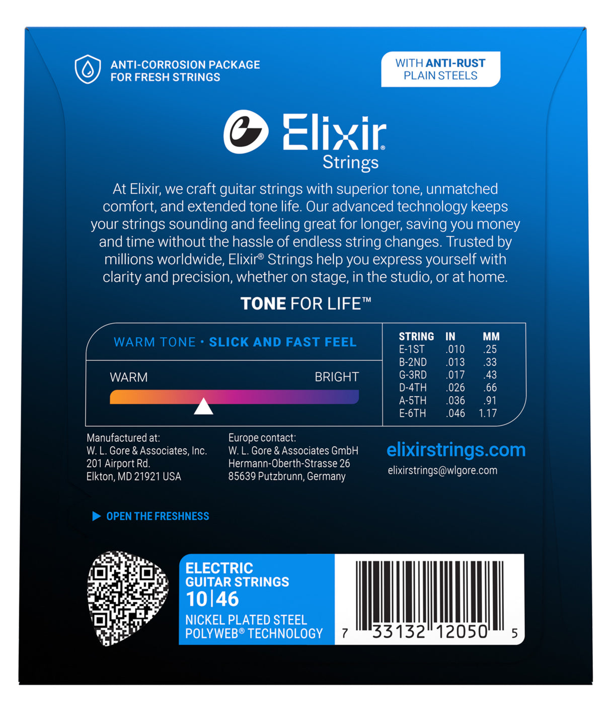 The image shows the back of an Elixir Electric Guitar Strings package, featuring light gauge 10-46 nickel-plated steel strings with POLYWEB® coating. It lists individual string gauges, highlights anti-rust and anti-corrosion packaging, and promotes "TONE FOR LIFE™" for long-lasting tone and playability. Additional elements include a tone spectrum, QR code, barcode, company contacts, and the website elixirstrings.com.