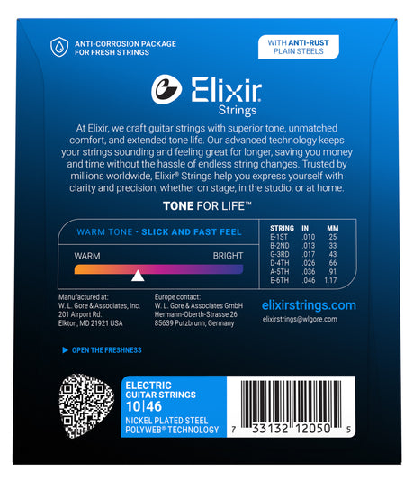 The image shows the back of an Elixir Electric Guitar Strings package, featuring light gauge 10-46 nickel-plated steel strings with POLYWEB® coating. It lists individual string gauges, highlights anti-rust and anti-corrosion packaging, and promotes "TONE FOR LIFE™" for long-lasting tone and playability. Additional elements include a tone spectrum, QR code, barcode, company contacts, and the website elixirstrings.com.