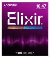 The image shows packaging for Elixir 12-string light gauge acoustic guitar strings (10-47). The purple box highlights 80/20 bronze wound strings with Polyweb coating technology. Branding includes the Elixir logo and the slogan "Tone for Life." The design features a sound wave graphic, emphasizing longevity and bright, crisp tone typical of Elixir's coated strings.