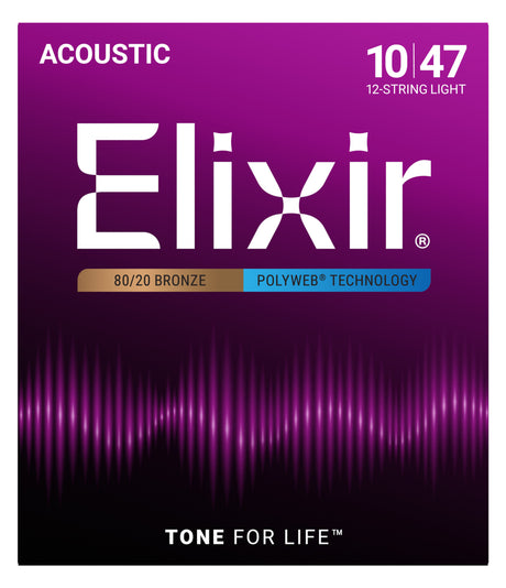 The image shows packaging for Elixir 12-string light gauge acoustic guitar strings (10-47). The purple box highlights 80/20 bronze wound strings with Polyweb coating technology. Branding includes the Elixir logo and the slogan "Tone for Life." The design features a sound wave graphic, emphasizing longevity and bright, crisp tone typical of Elixir's coated strings.