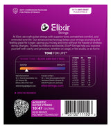 The image shows packaging for Elixir 12-string acoustic guitar strings, gauge 10-47, made of 80/20 Bronze with POLYWEB® coating. Features include anti-corrosion packaging, anti-rust plain steels, and TONE FOR LIFE™ technology, delivering a warm tone and slick feel. The purple package displays a tone spectrum leaning warm, a gauge chart, QR code, barcode, and contact info for US and European distribution.