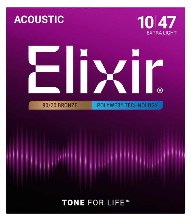 The image shows the packaging for Elixir acoustic guitar strings. It features Extra Light 10-47 gauge, 80/20 Bronze strings with POLYWEB coating for extended life and corrosion resistance. The purple gradient design includes sound wave graphics and clear branding. The tagline "TONE FOR LIFE" highlights the strings' durability and bright, projecting tone suitable for easier play and bending.